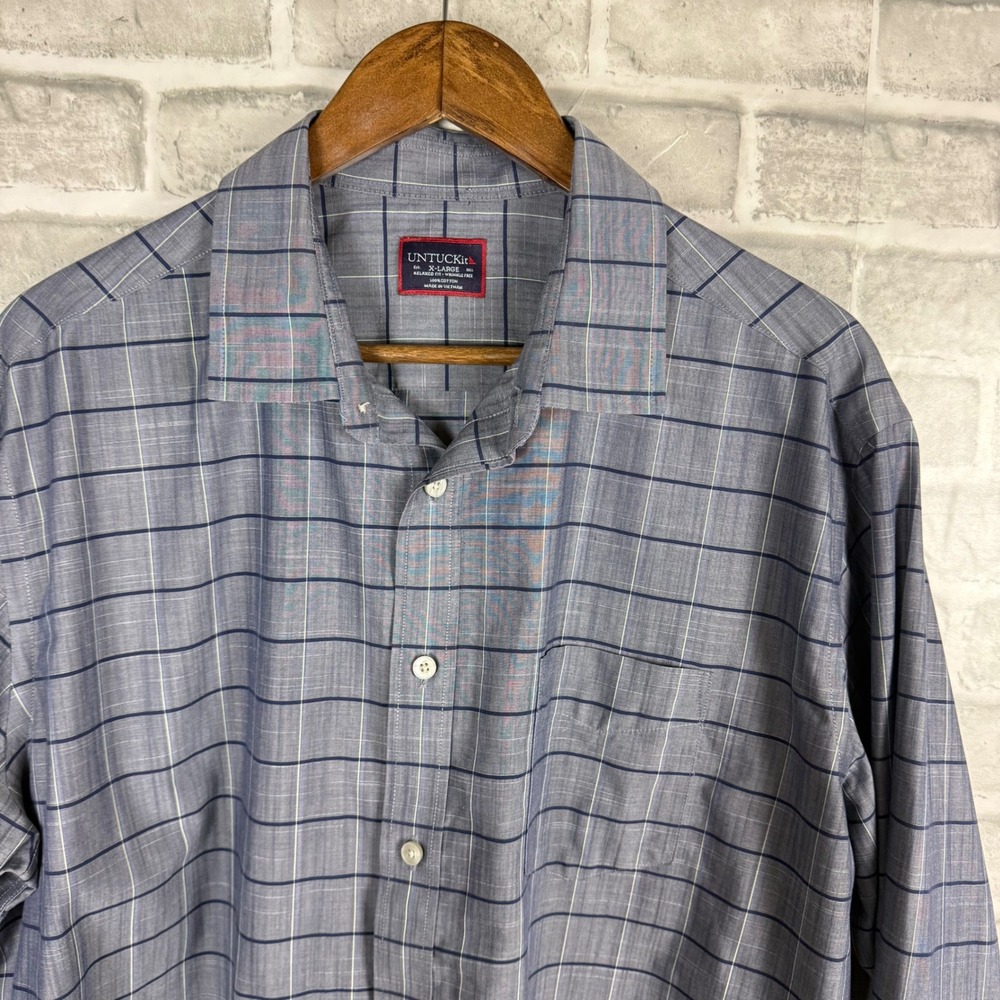 UNTUCKit Quentin WF Navy Blue Grid Relaxed Fit Wrinkle Free Shirt Mens XL 41039
